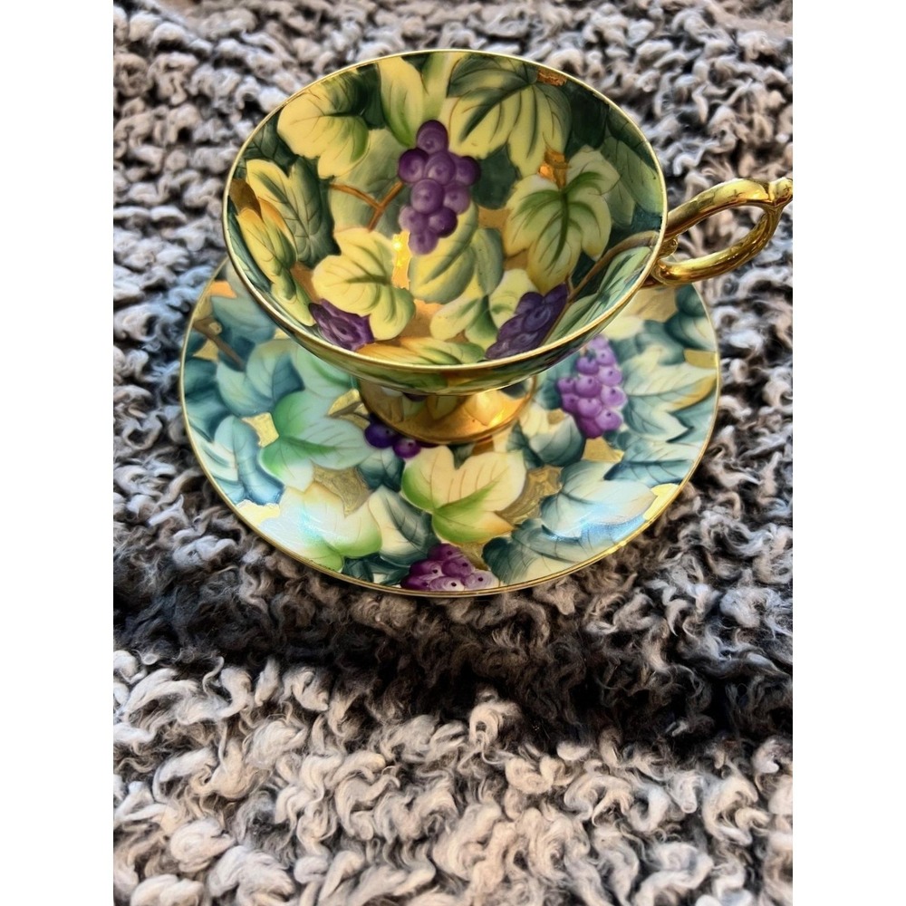 aji Japan Hand Painted EW-14/23G Gold Grape Leaves Tea Cup and Saucer